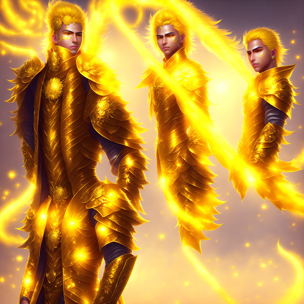 Three identical figures in golden armor with feather motifs, glowing against a luminous background