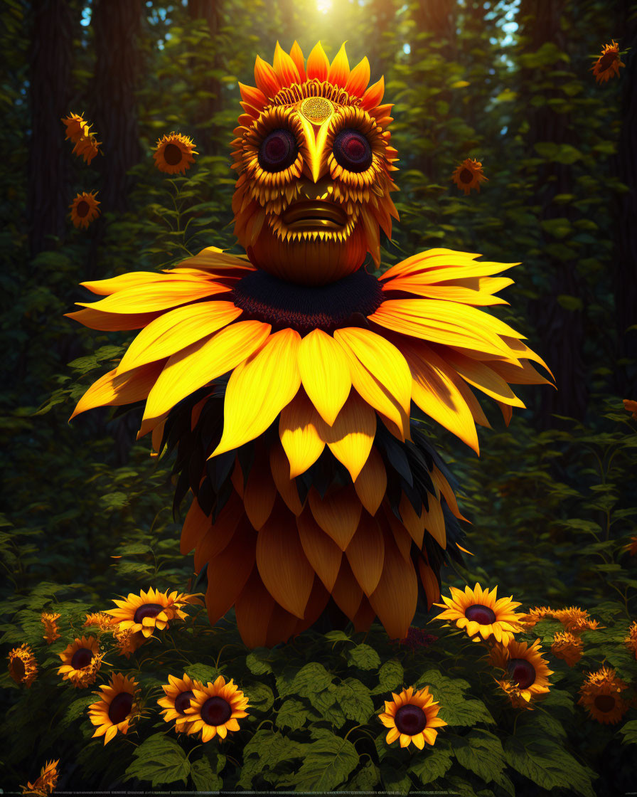 Sunflower Petal Owl Creature in Forest Scene