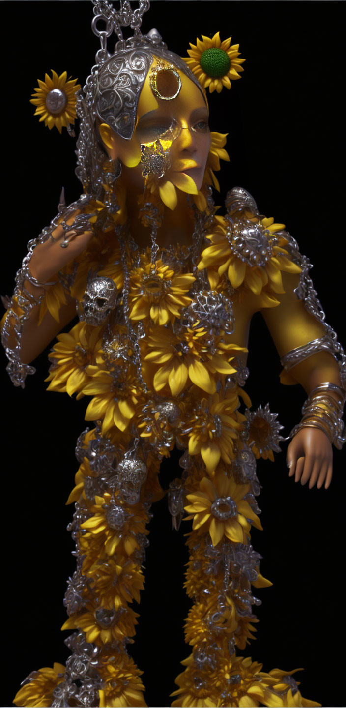 Figure with Yellow Flowers and Silver Jewelry Mask on Dark Background