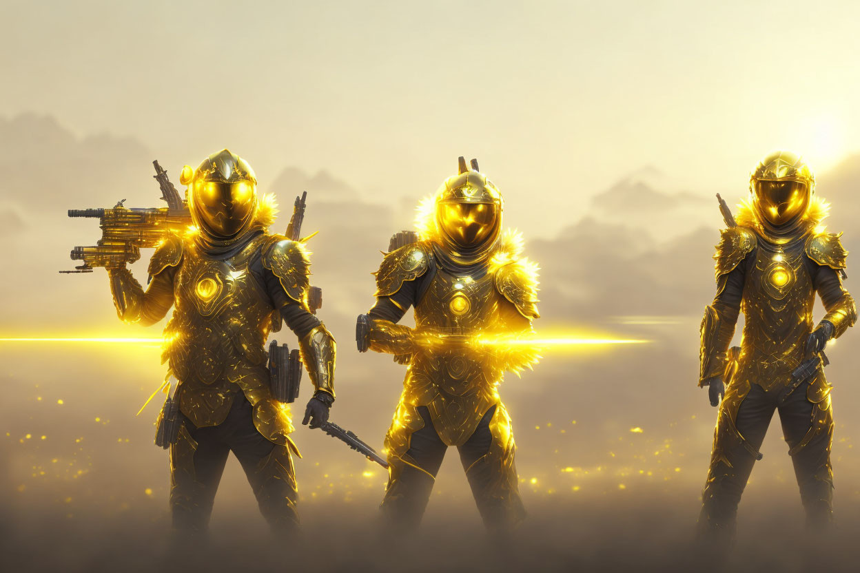 Futuristic soldiers in glowing golden armor with advanced weapons