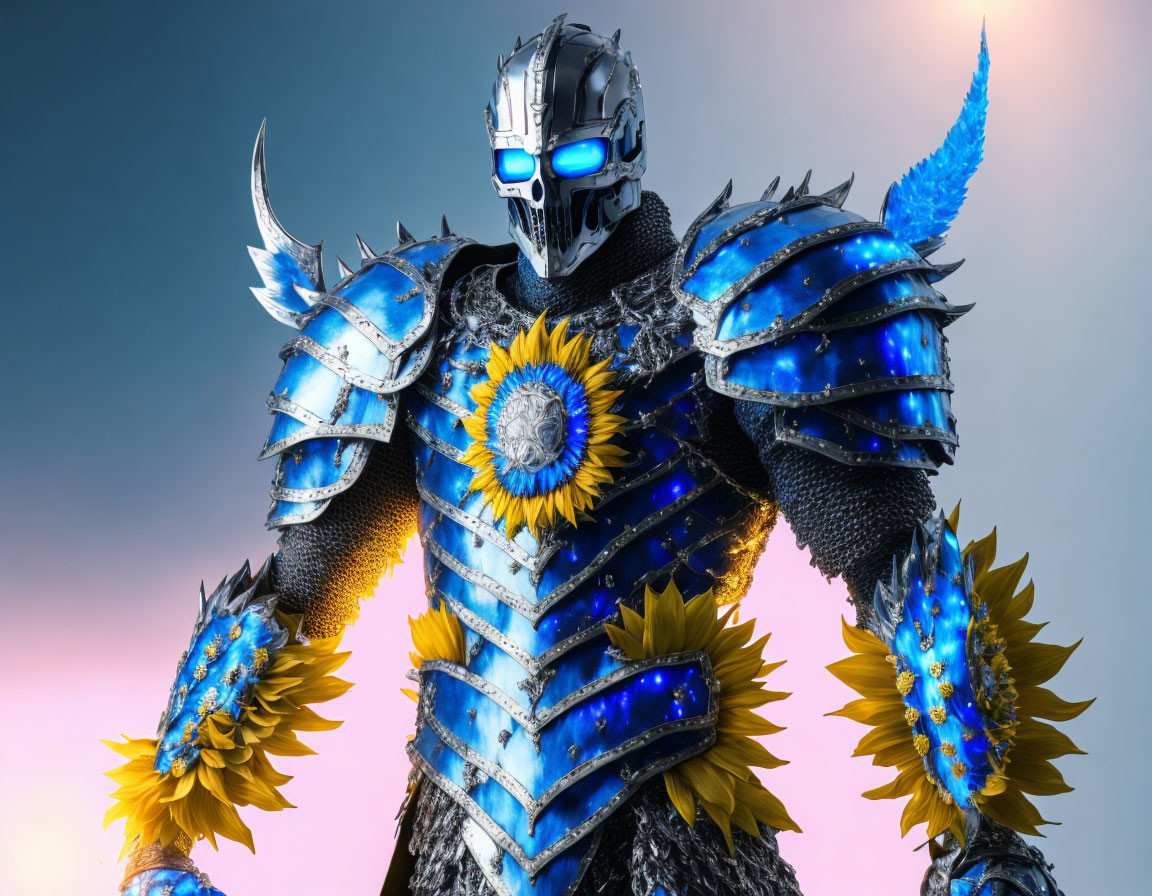 Armored figure with sunflower emblem and glowing blue accents in pastel sky