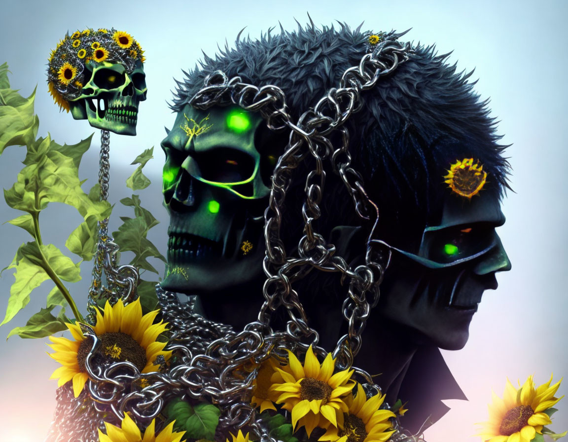 Skull figures with sunflower motifs and glowing eyes linked by chains on soft background