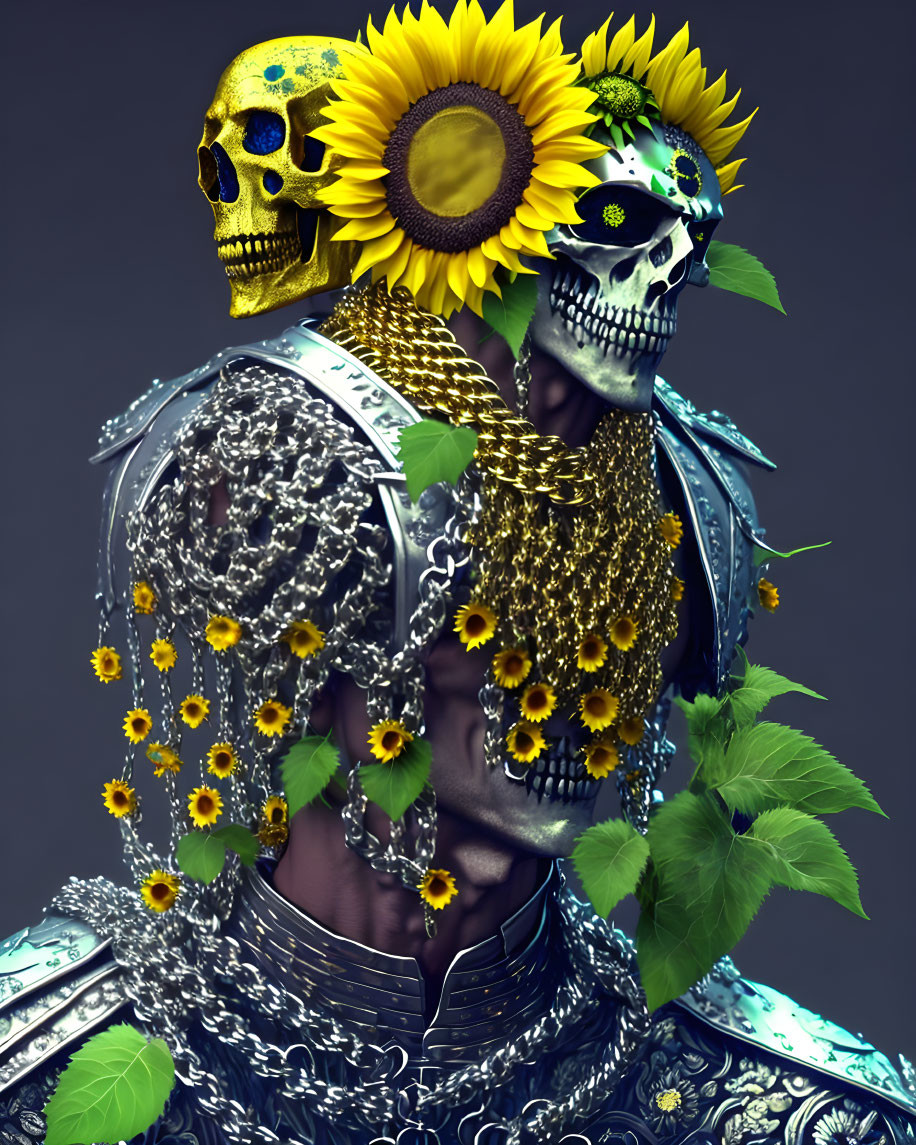 Digital artwork: Figure with sunflowers, skull mask, chainmail, metallic aesthetic