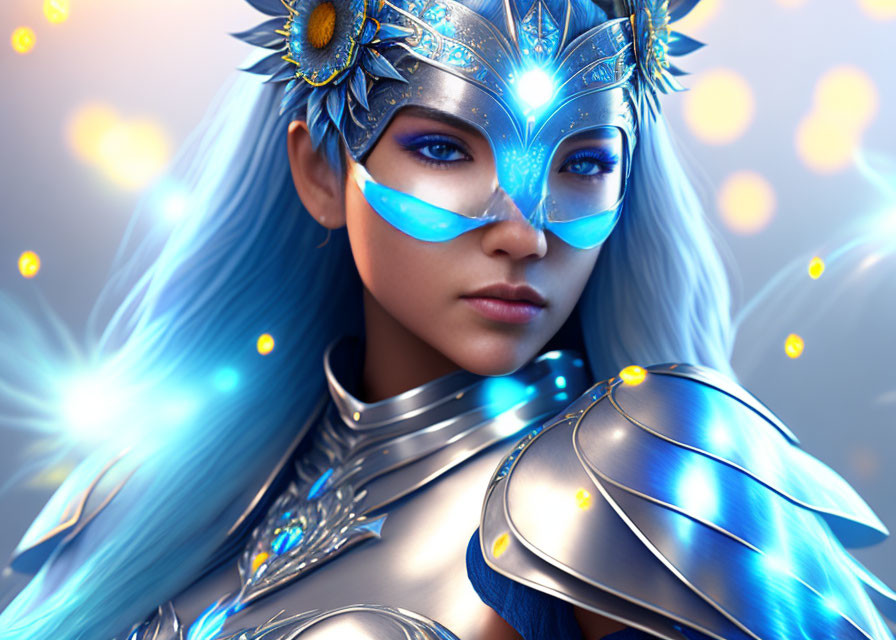 Fantasy portrait of woman with blue hair, armor, ornate mask, and glowing lights.