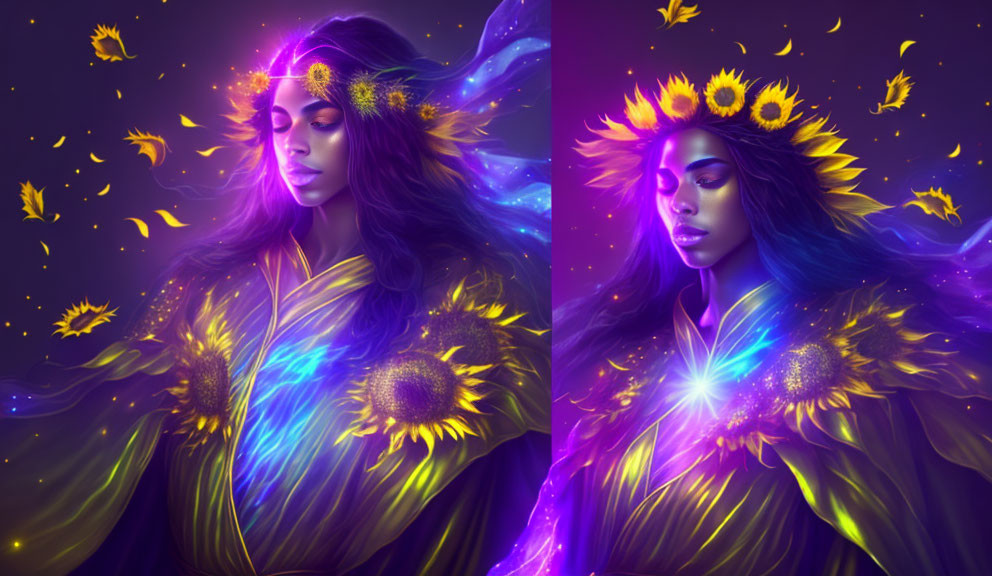 Digital Artwork: Woman with Sunflowers in Hair, Glowing Petals, Purple & Blue Palette