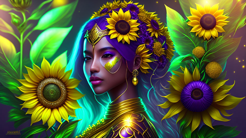 Colorful depiction of woman with purple hair and sunflowers, adorned with gold jewelry in a radiant floral