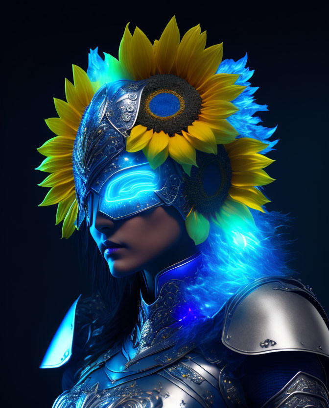 Person in ornate armor with sunflower-themed helmet and glowing blue patterns on dark background