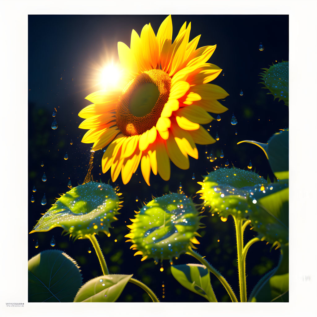 Bright sunflower with water droplets on petals against dark backdrop