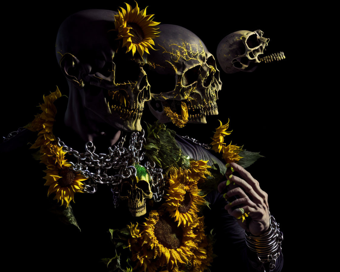 Skulls with sunflowers and chains on black background, hand holding flower