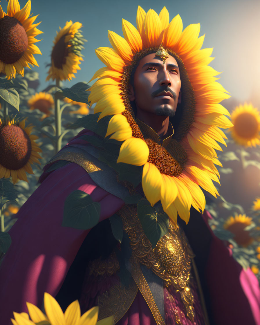 Regal figure in sunflower headpiece among golden armor and red cloak