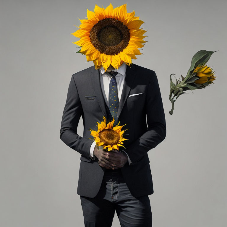 Person in tailored suit with sunflower heads, holding sunflower, on gray background