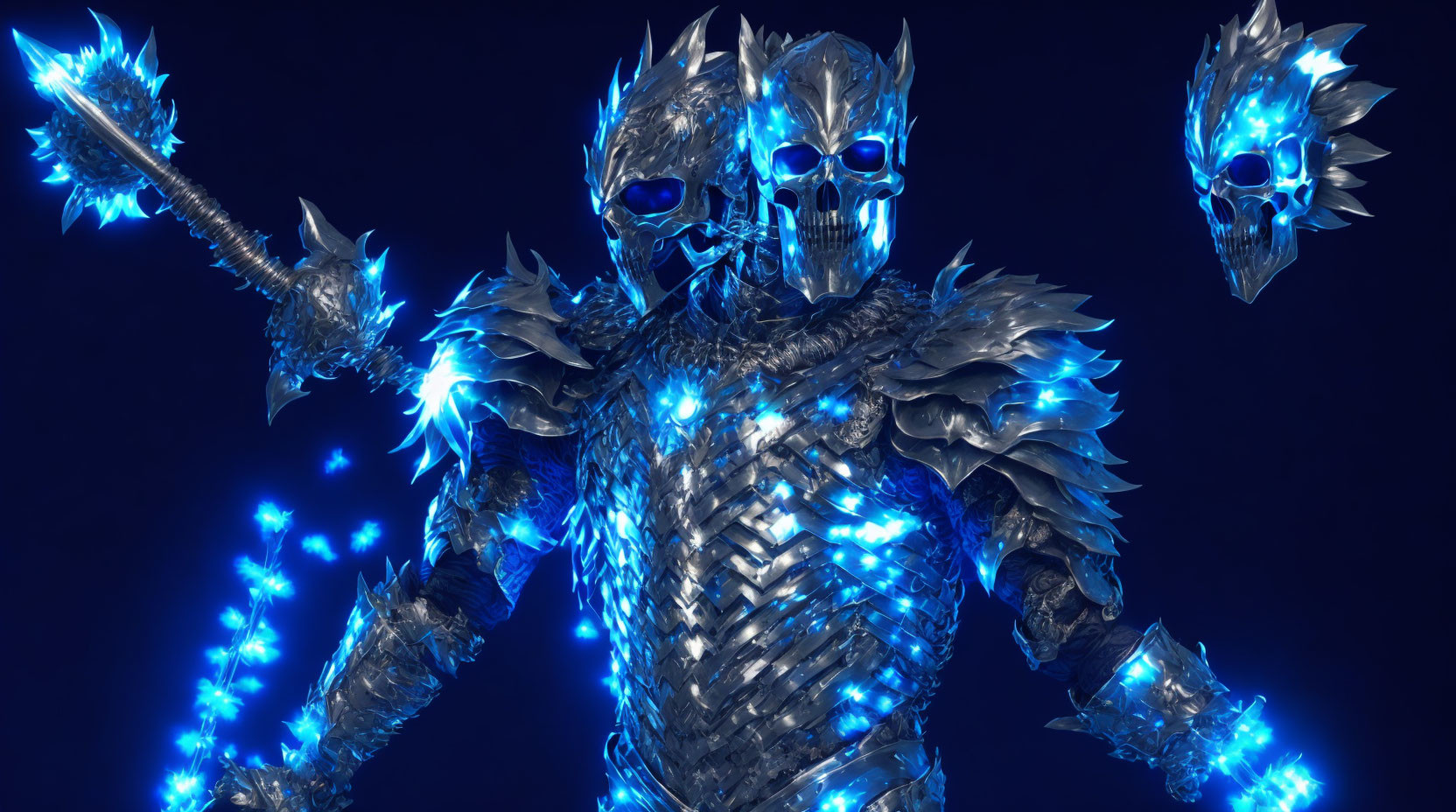 Menacing ice-themed warrior with spiked armor and glowing blue mace