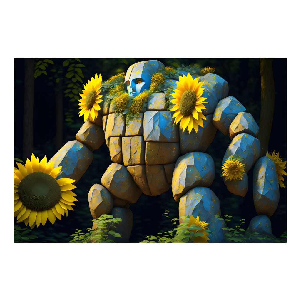 Stone golem with sunflower features in forest scene