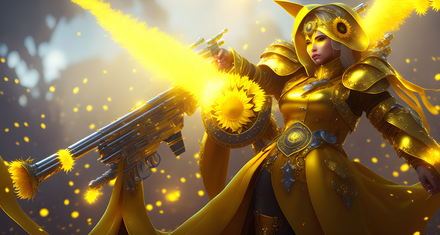 Stylized female character in yellow armor with sunflower motifs and intricate gun in ethereal setting