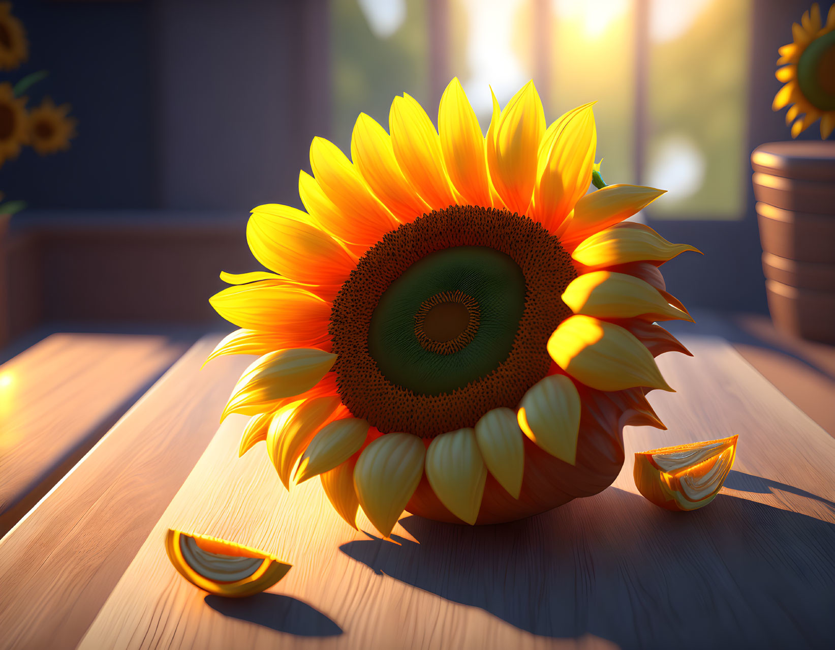 Sunflower on wooden table with scattered petals, sunlight through window, potted sunflowers.