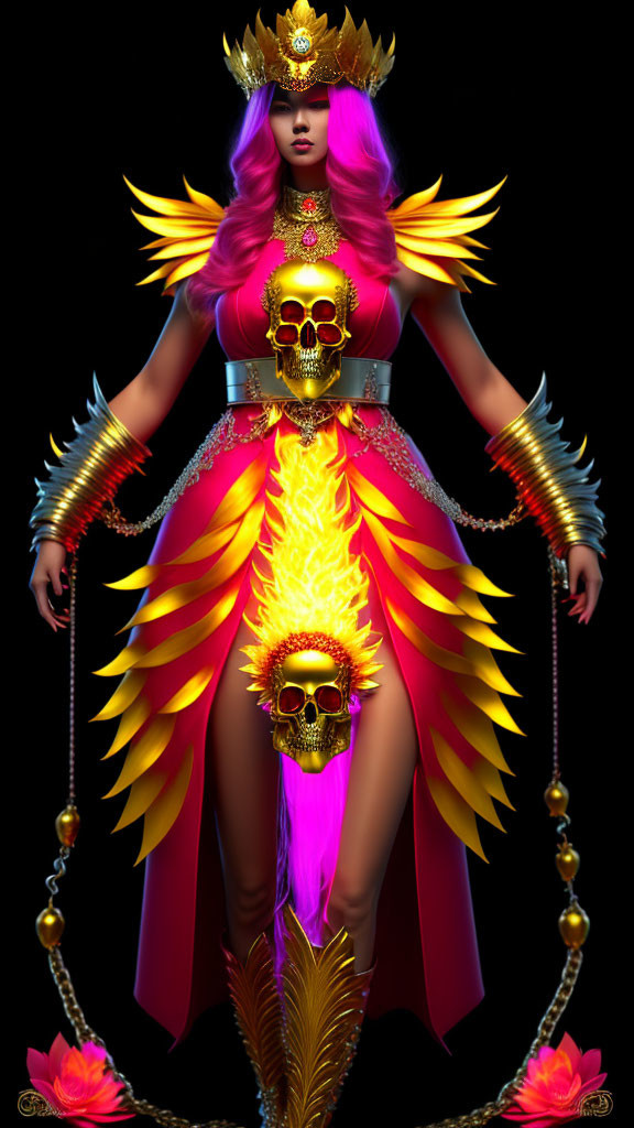 Pink-haired character in majestic gold-accented costume with skull emblem