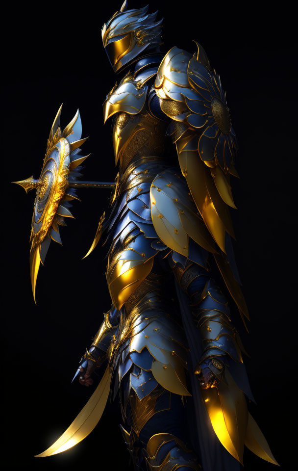 Golden armored figure with sun motif shield on dark background