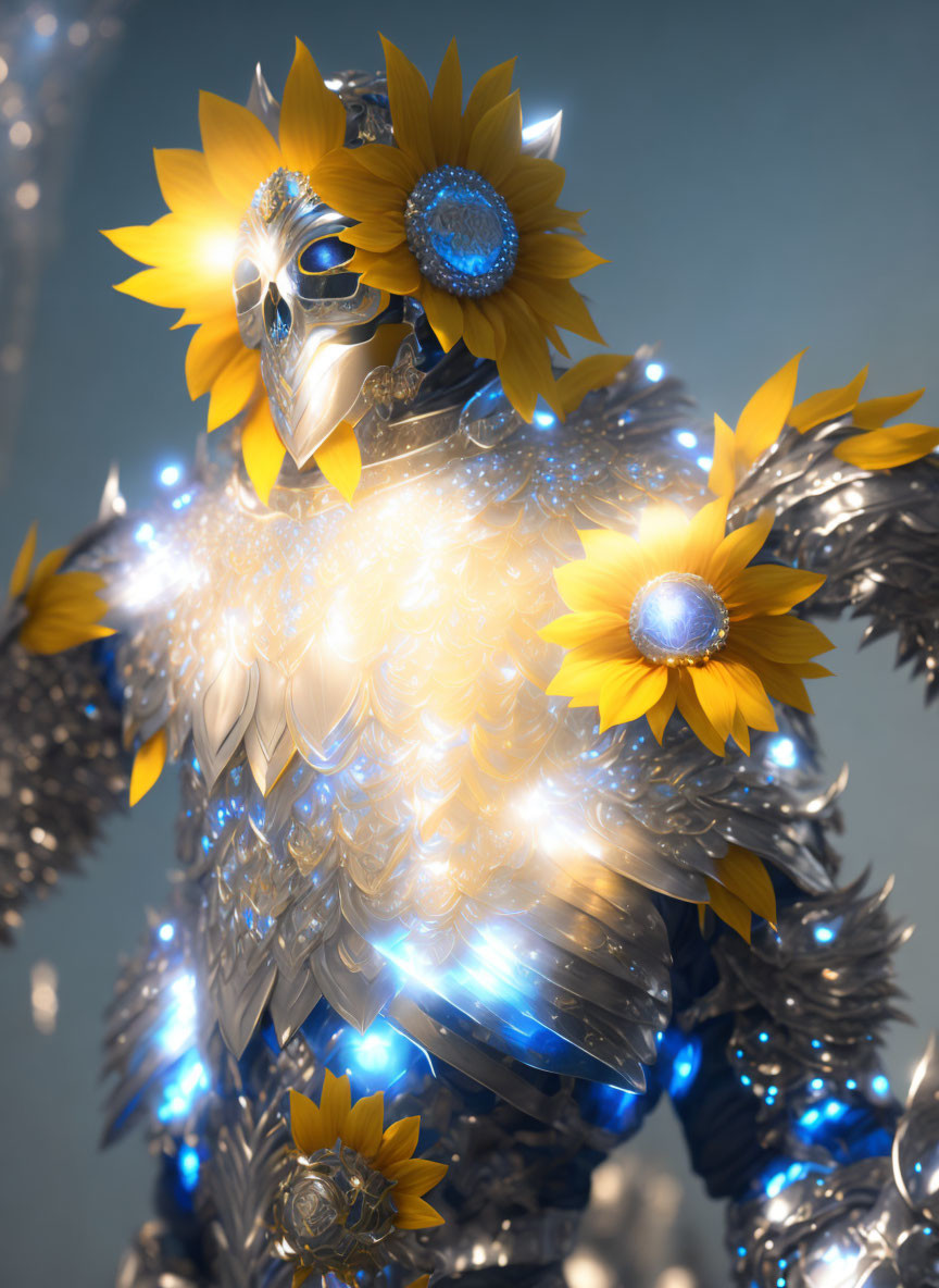 Golden sunflower armor on radiant figure in luminous setting