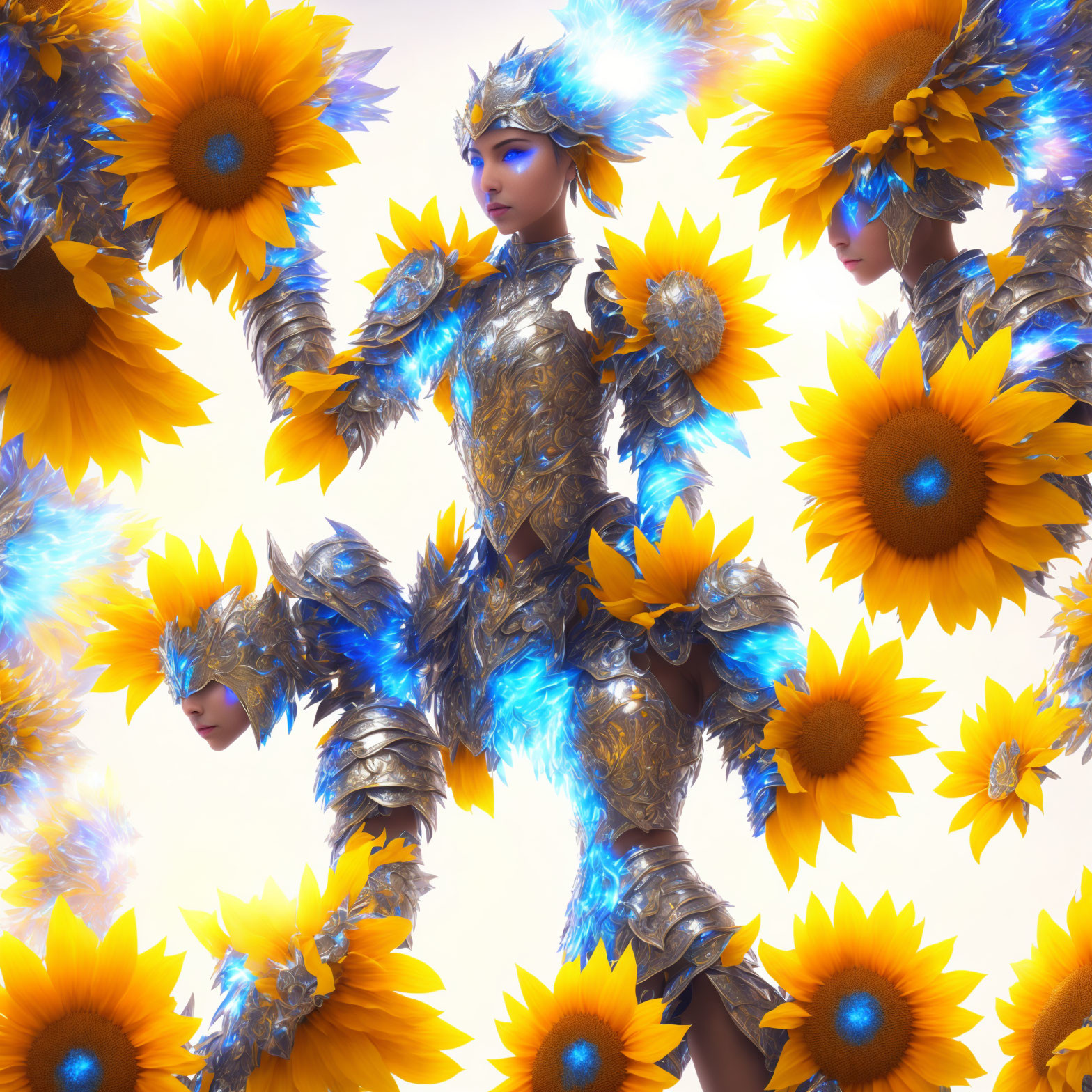 Vibrant digital artwork: Mirrored figure in sunflower armor on bright backdrop