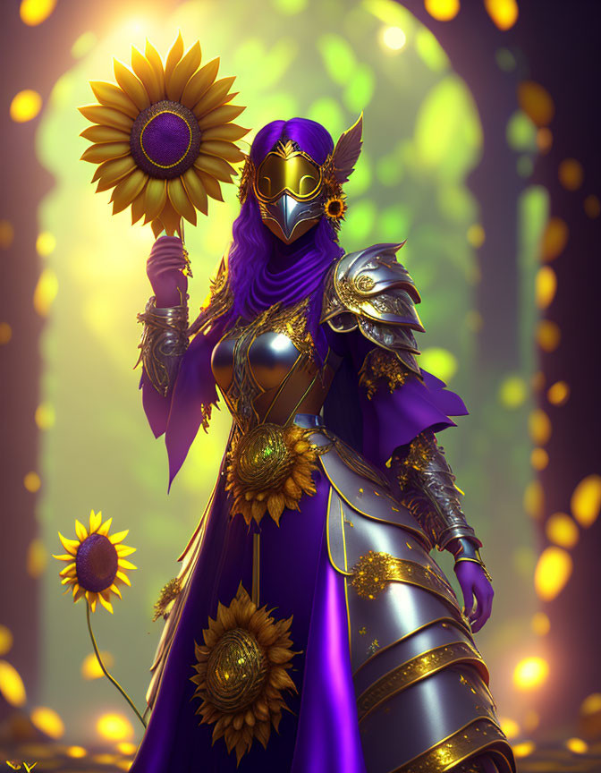 Majestic figure in purple and gold armor with sunflower motif and staff in glowing backdrop