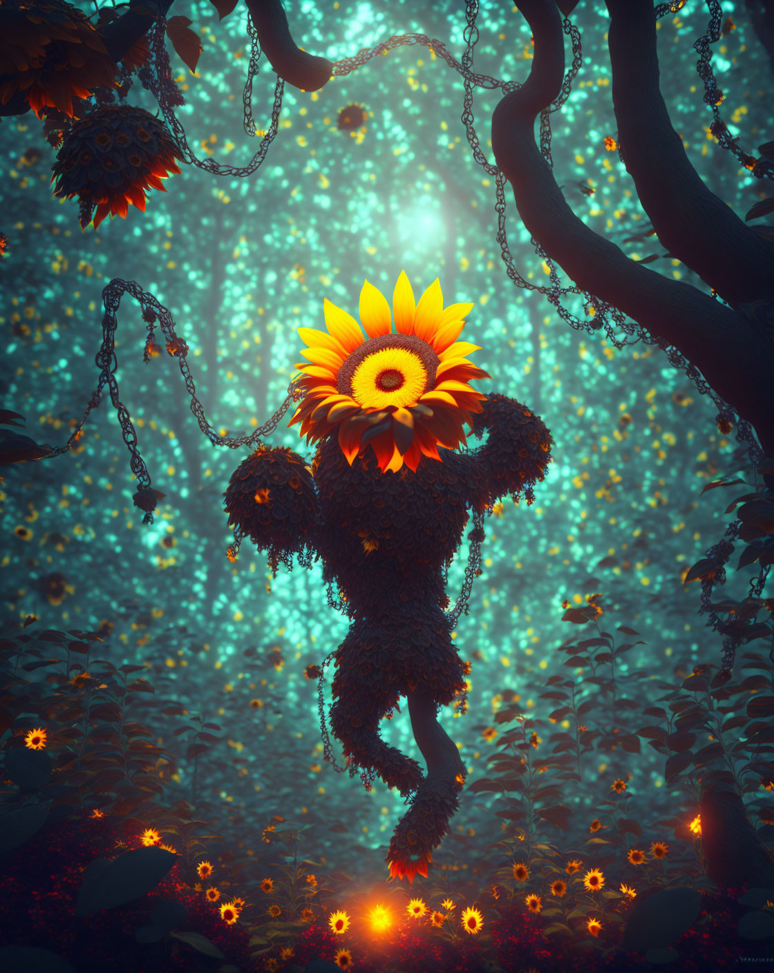 Sunflower-headed creature dances in enchanted forest