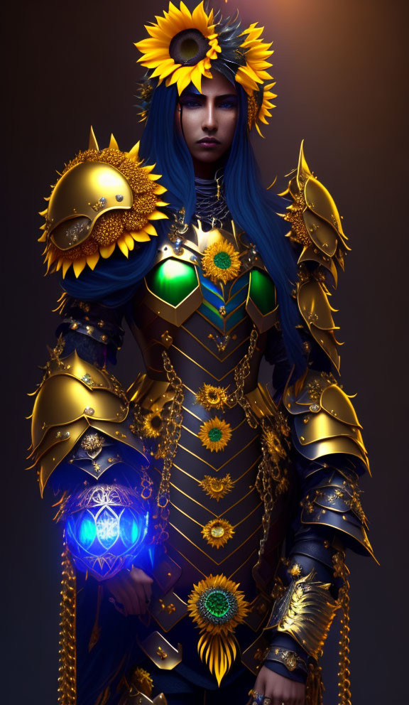 Blue-haired person in gold fantasy armor with sunflower motifs holding a glowing blue orb