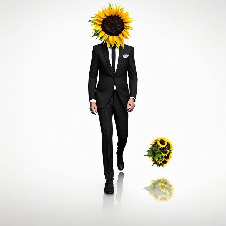 Person in black suit with sunflower head next to smaller sunflower on white background