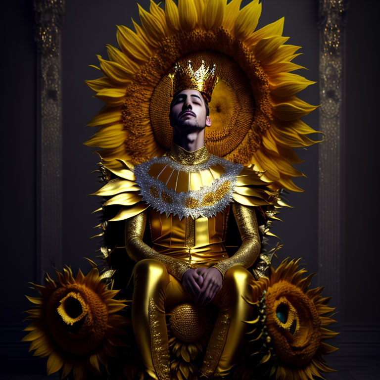 Regal person in golden sunflower attire against dark backdrop