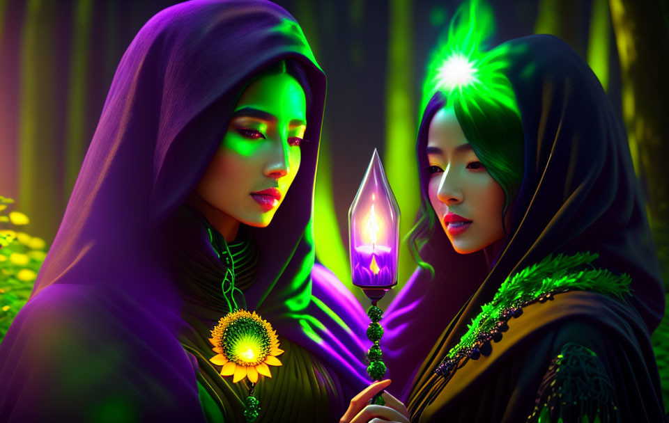 Women in mystical forest with glowing crystals and colorful robes