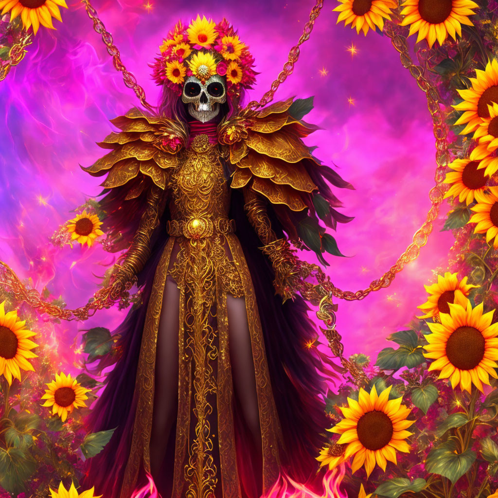 Skull-faced figure in golden armor among sunflowers & colorful clouds