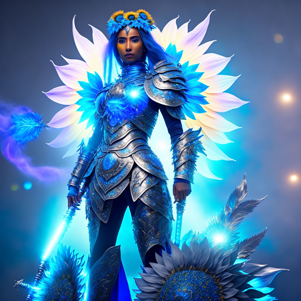 Majestic figure in blue and silver armor with glowing flowers and mystical aura