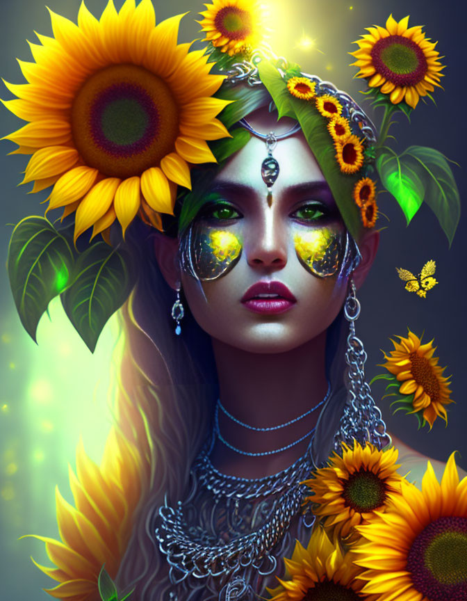 Woman adorned with sunflower motifs and butterfly accents in mystical theme