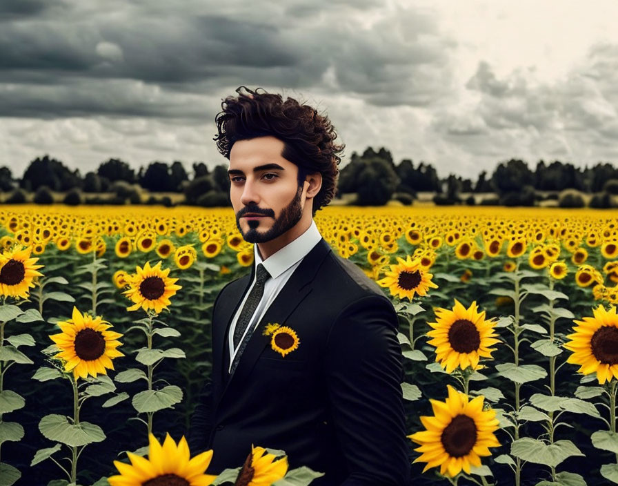 Dark-haired man in black suit among sunflowers under cloudy sky