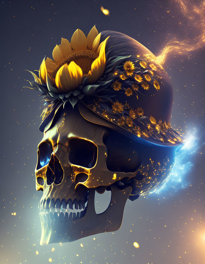 Skull with Sunflower and Yellow Flowers on Cosmic Background