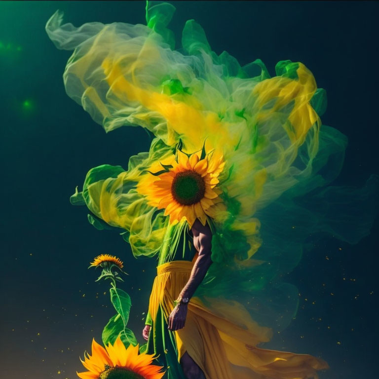 Sunflower-headed person with swirling green and yellow smoke on dark background