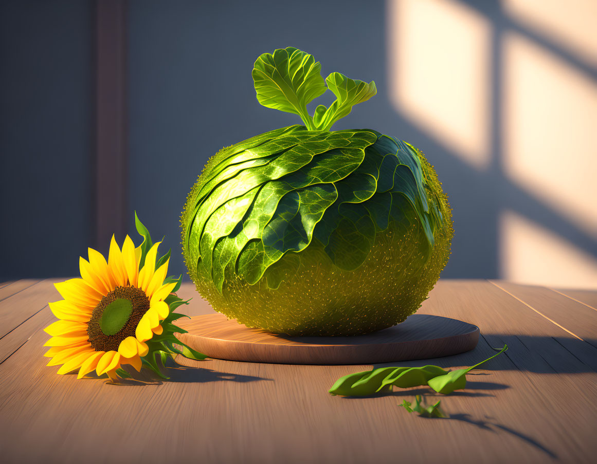 Digital Image: Watermelon with Cabbage Leaves and Sunflower on Wooden Cutting Board