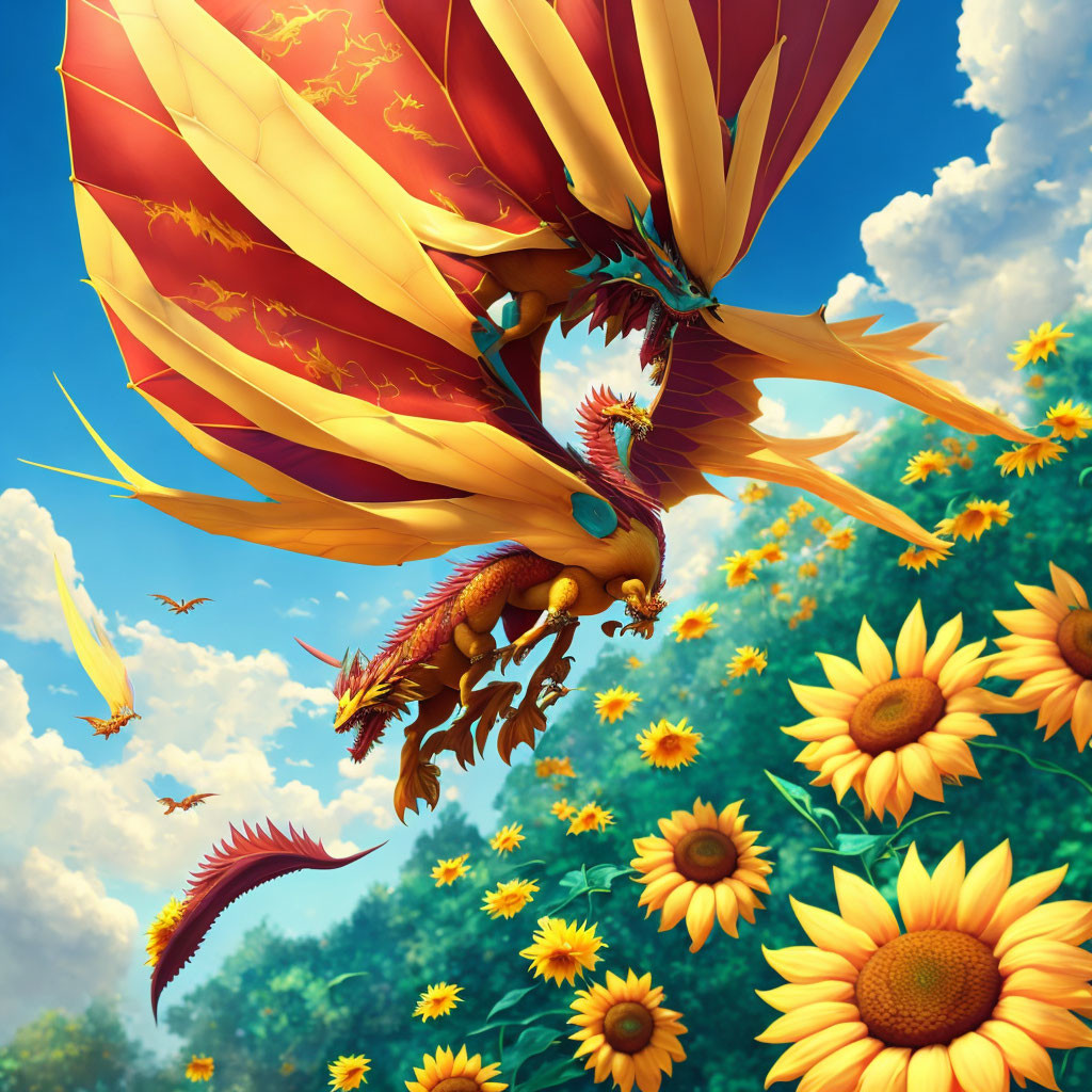 Digital artwork: Fiery phoenix over sunflower field