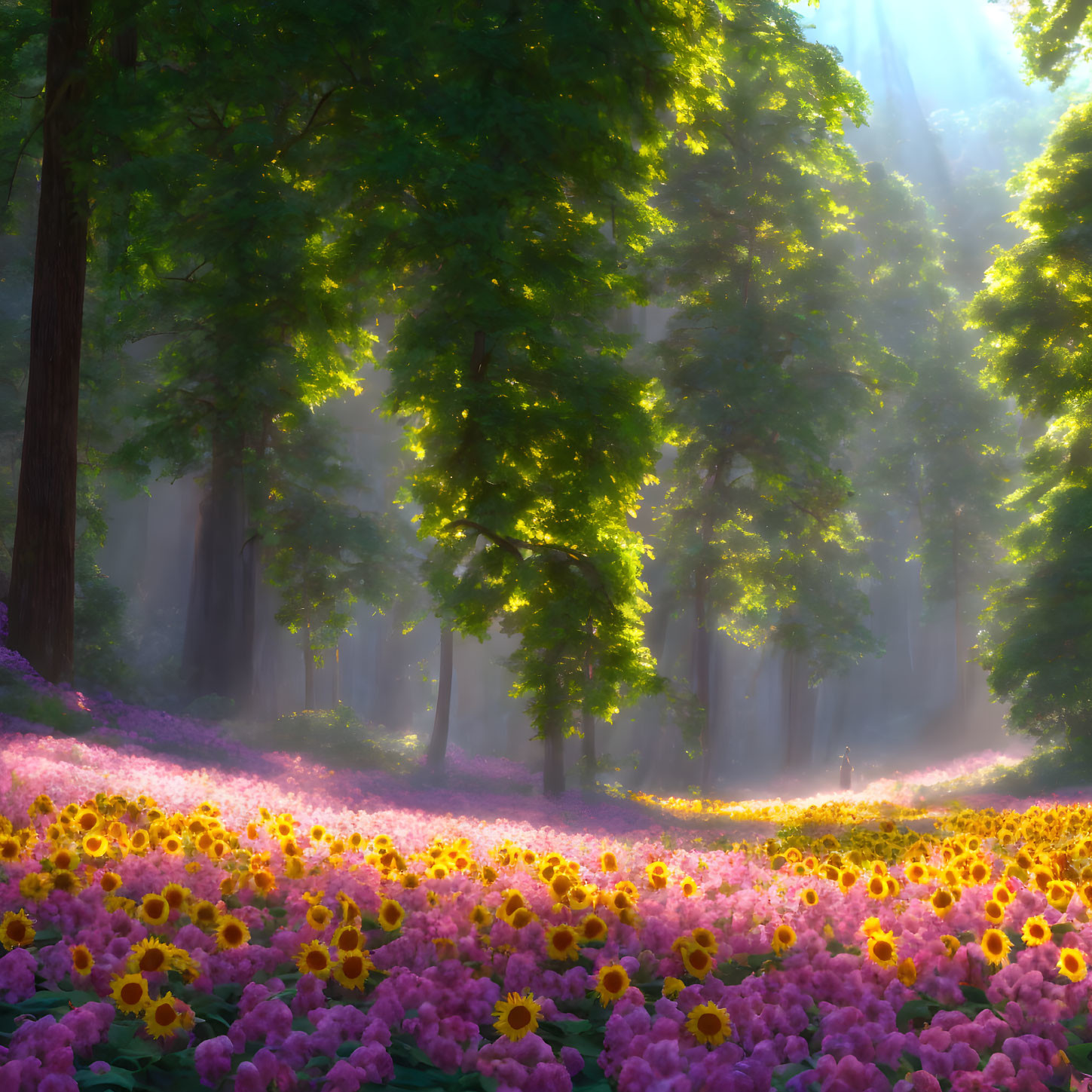 Sunlight filtering through verdant forest onto pink flowers