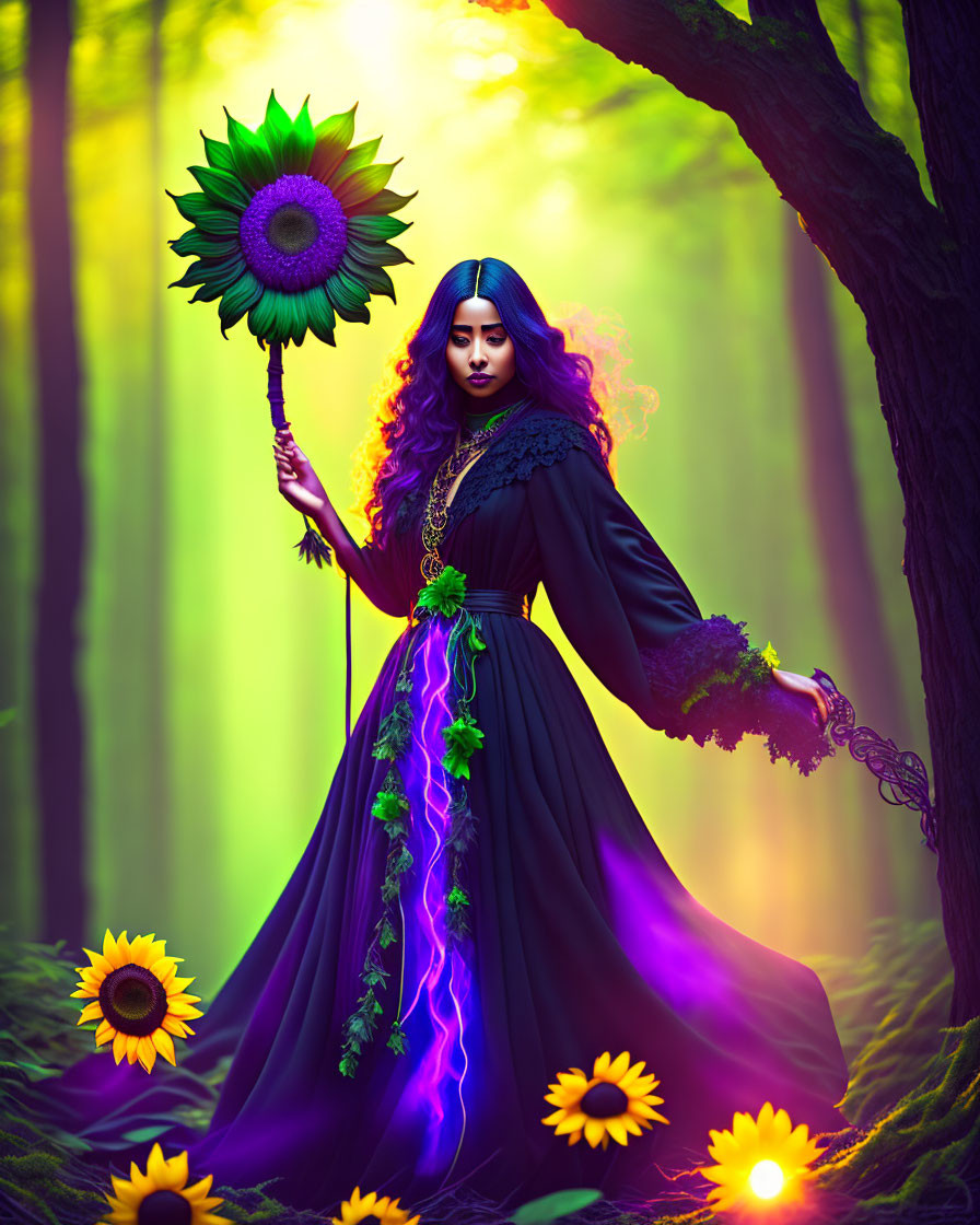 Woman in black dress with purple accents holding sunflower in mystical forest