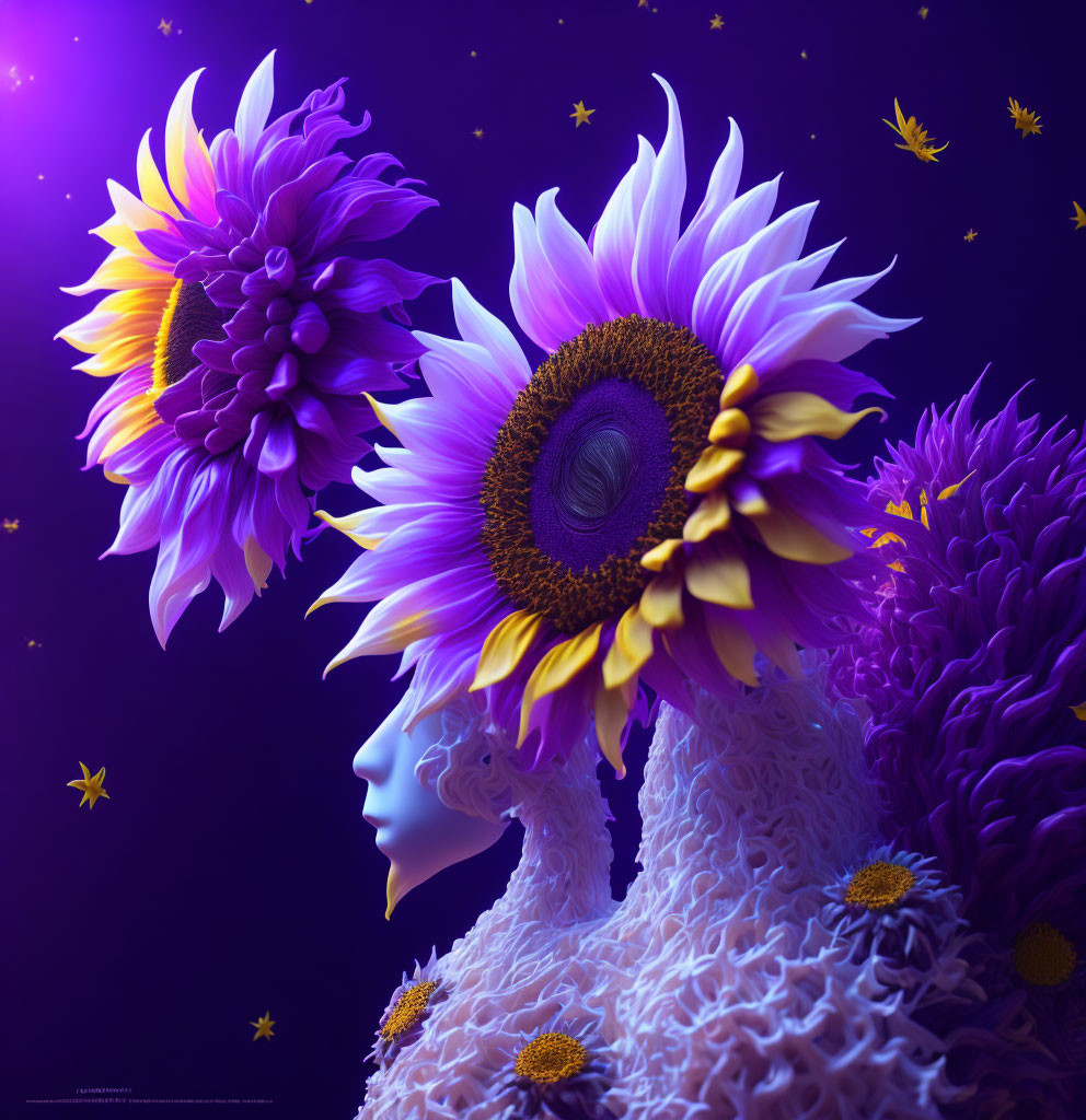 Surreal image of two profile faces with flower heads on purple background