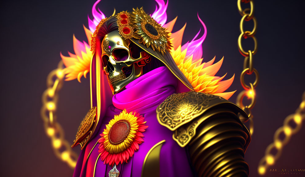 Digital artwork: Skeleton with gold jewelry, purple cloak, and flames.