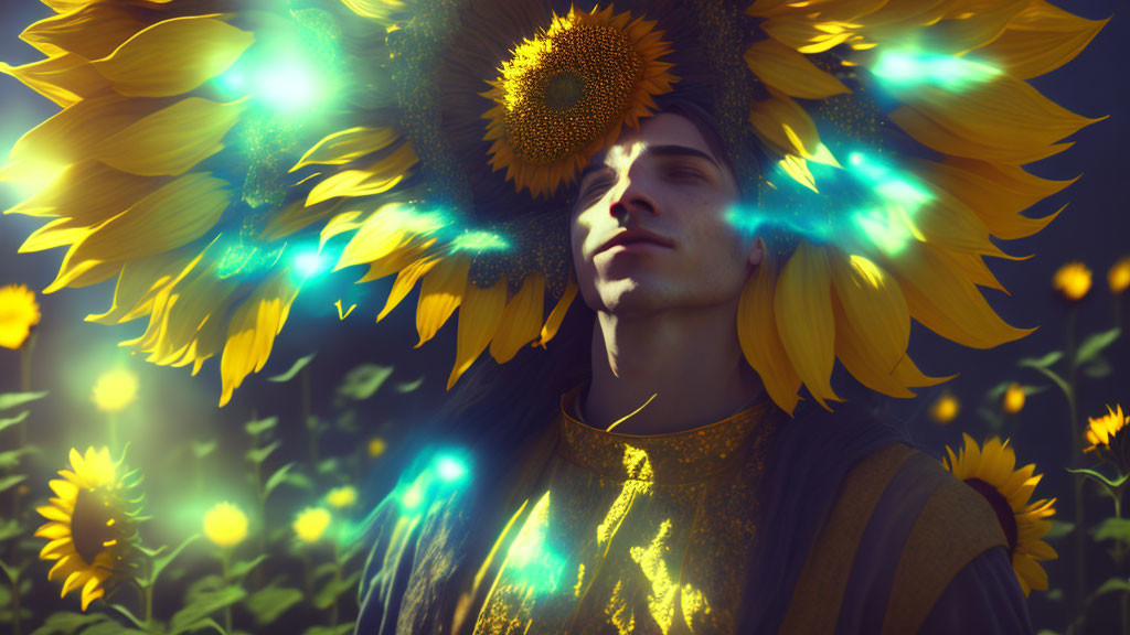 Person in Sunflower Field with Blue Particles