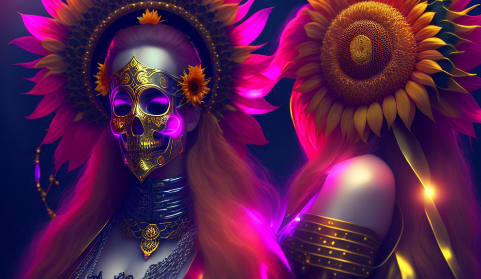 Person wearing Dia de los Muertos-style skull mask surrounded by sunflowers under purple light.