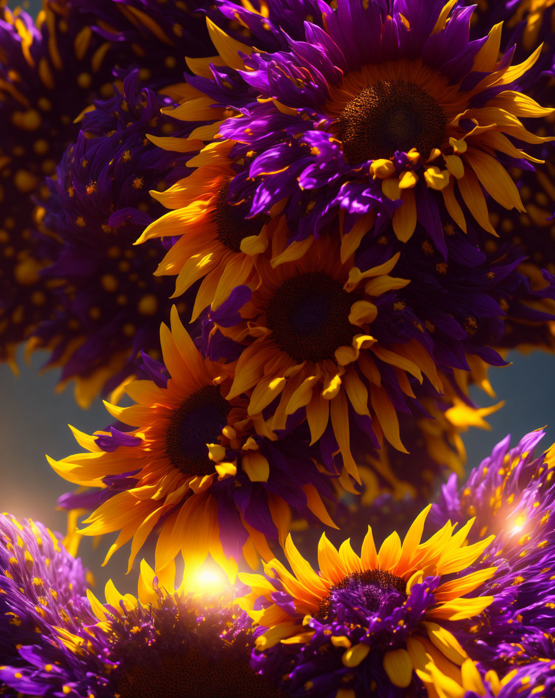 Close-up of vibrant purple and yellow sunflowers in warm backlight