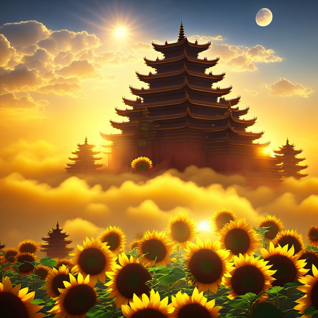 Multiple East Asian-style pagodas at sunset with sunflowers and crescent moon