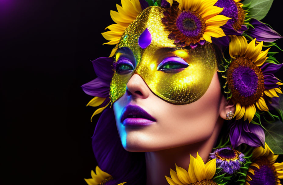 Vibrant gold mask with sunflowers and purple accents on a woman against dark background