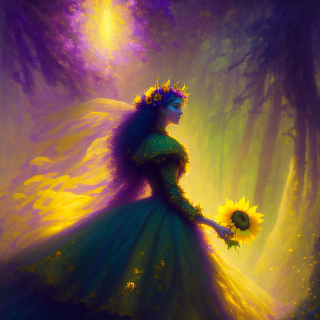 Regal figure in green dress with crown in mystical forest holding sunflower