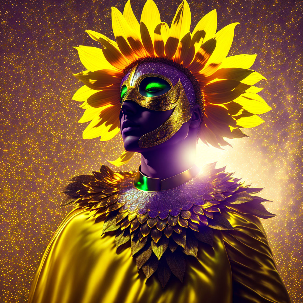 Person wearing golden sunflower mask on radiant background