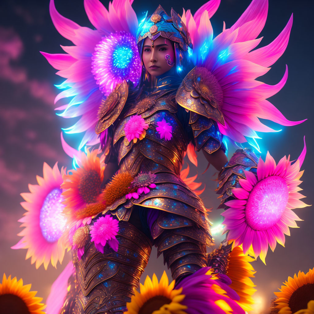 Warrior in ornate armor among vibrant flowers at dusk