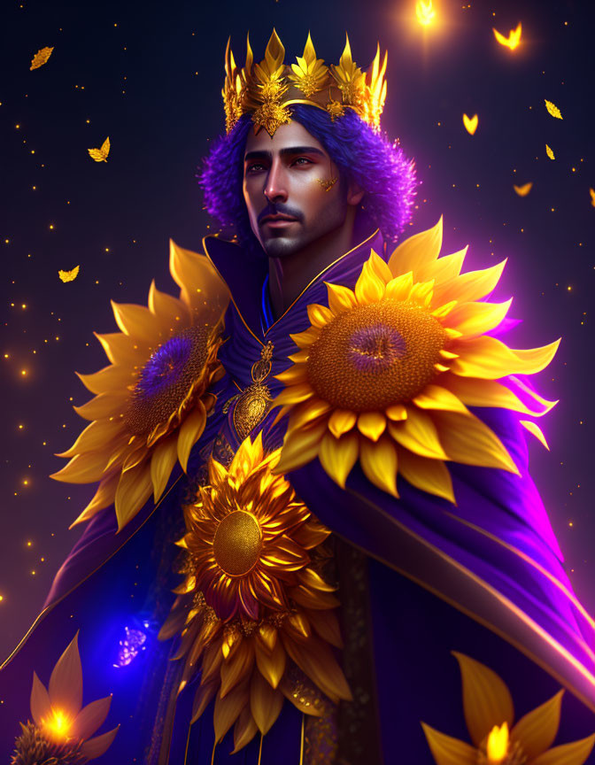 Regal figure with crown and sunflower clothing on starlit background